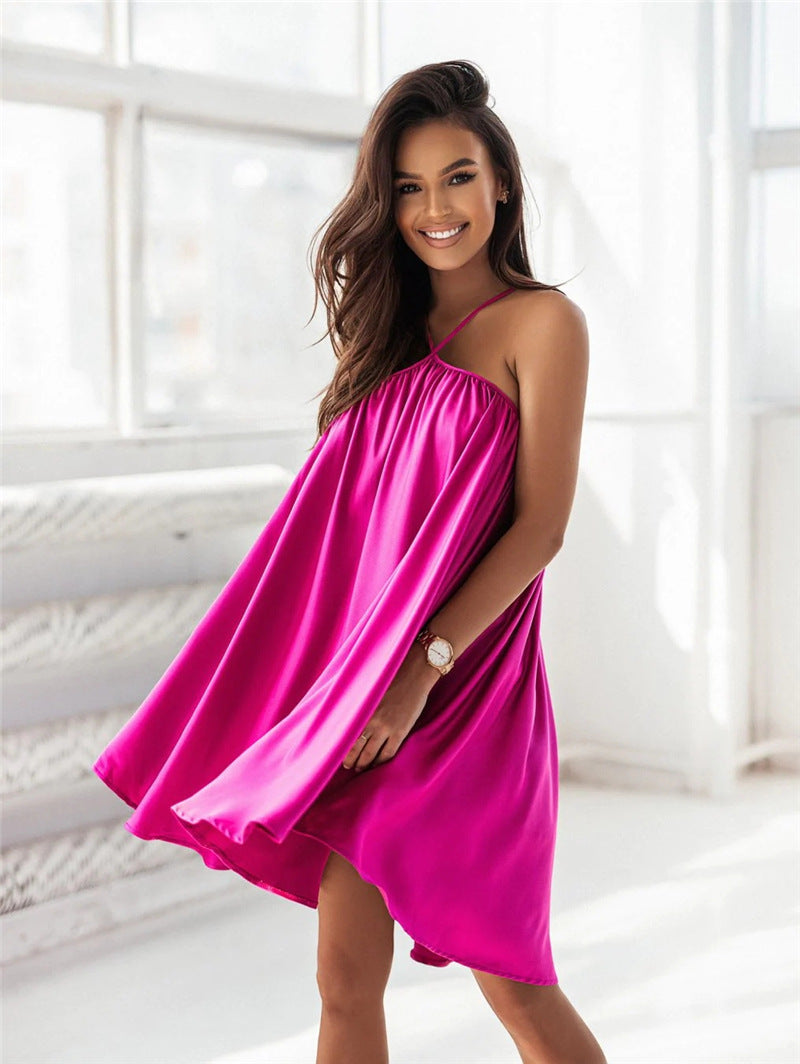 dresses  | Summer New Pure Color Halter Short Skirt For Women | Rose Red |  L| thecurvestory.myshopify.com