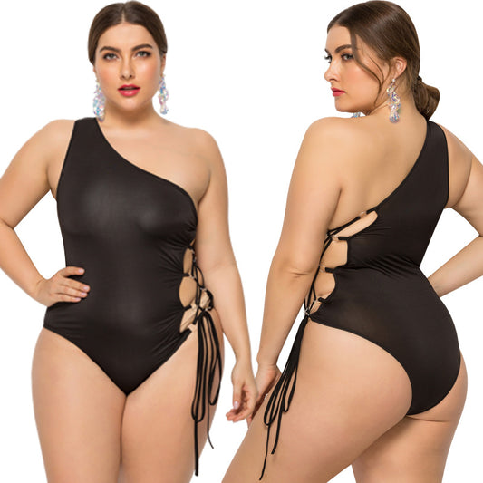 Swimsuit  | Plus Size Oblique Shoulder One-piece Swimsuit | Black |  2XL| thecurvestory.myshopify.com