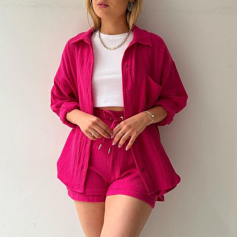co-ord sets  | Spring Champray Lapel Long Sleeve Shirt High Waist Drawstring Shorts Plus Size Fashion Casual Set | Rose Red |  2XL| thecurvestory.myshopify.com