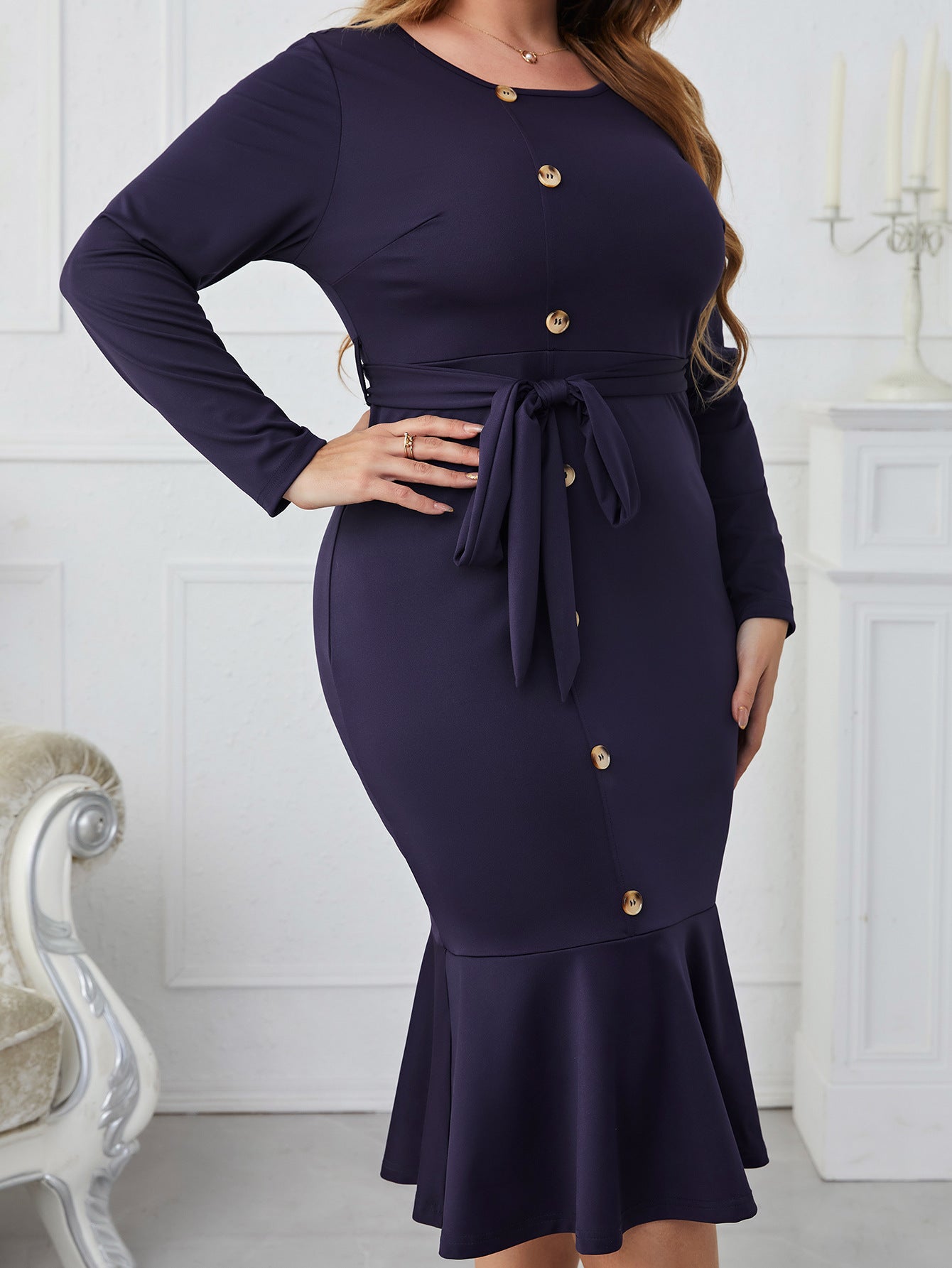 Dress  | Women Plus Size Long Sleeve Belt Long Sheath Fishtail Skirt Dress | |  | thecurvestory.myshopify.com