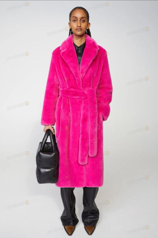 jackets  | Plus SIze Long Rabbit Fur Mink Overcoat Thickened Fleece Coat | Rose Red |  2XL| thecurvestory.myshopify.com