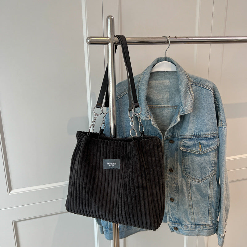 Shoulder bags  | Women Fashion Casual Large Corduroy Shoulder Tote Bag | Black |  | thecurvestory.myshopify.com