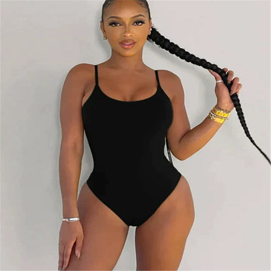 Swimsuit  | Sling Backless Plus Size Solid Color Triangle One-piece Swimsuit | Black Round Neck |  2XL| thecurvestory.myshopify.com