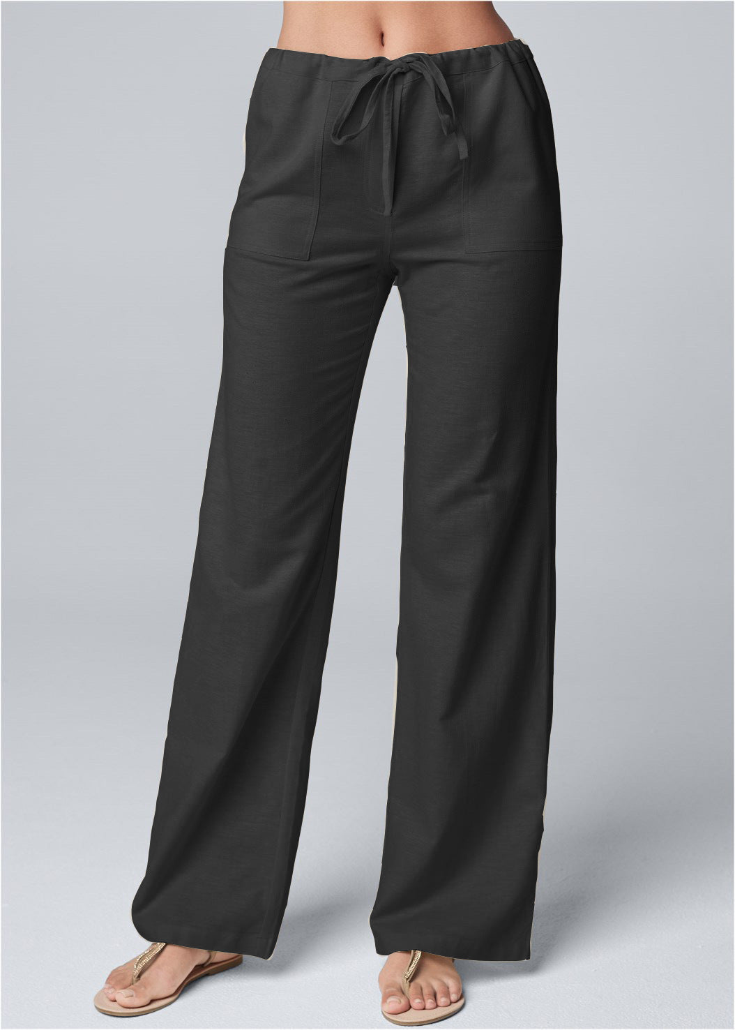 Pants  | Women's Fashion Solid Color Loose Lace-up Cotton And Linen Straight-leg Pants | Black |  2XL| thecurvestory.myshopify.com