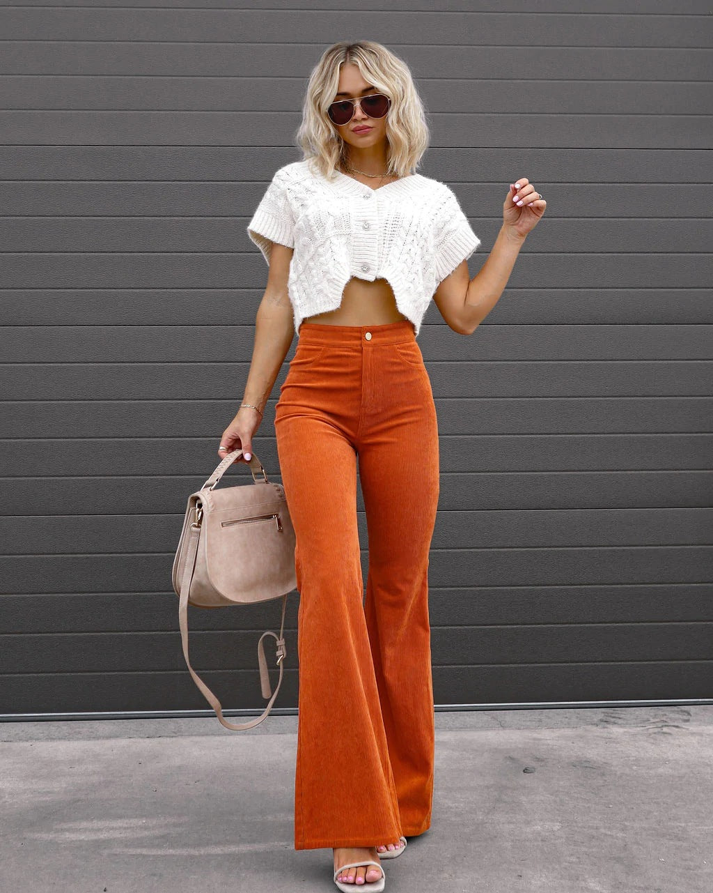 Pants  | Women Solid Color Corduroy Flared Pants | Orange |  L| thecurvestory.myshopify.com