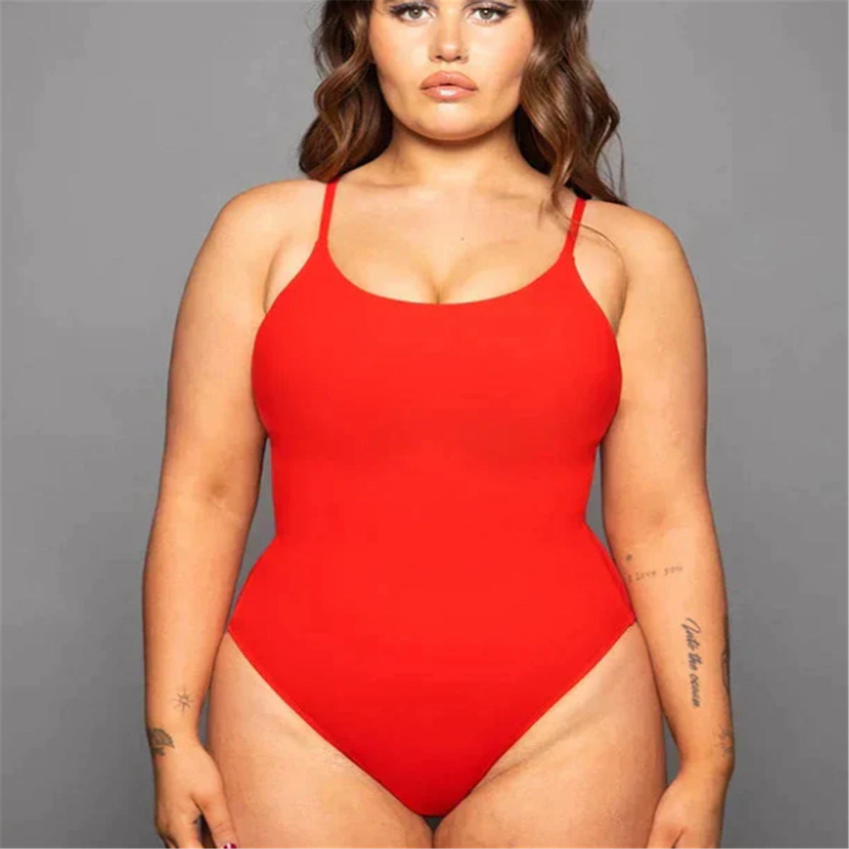 Swimsuit  | Sling Backless Plus Size Solid Color Triangle One-piece Swimsuit | Red Round Neck |  2XL| thecurvestory.myshopify.com