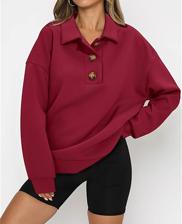 SweatShirt  | Solid Color Polo Collar Loose Long Sleeve Sweatershirt | Wine Red |  L| thecurvestory.myshopify.com