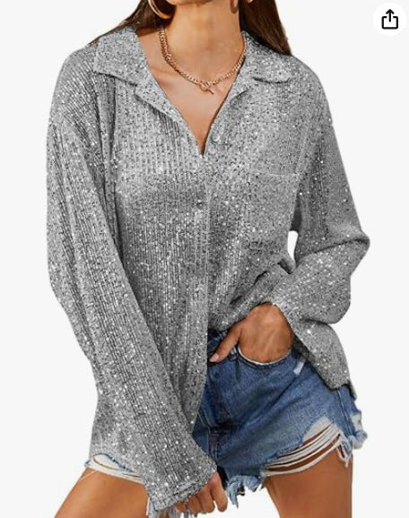 Shirt  | Chic Sequined Long Sleeve Lapel Shirt for Effortless Leisure and Timeless Temperament | Gray |  L| thecurvestory.myshopify.com