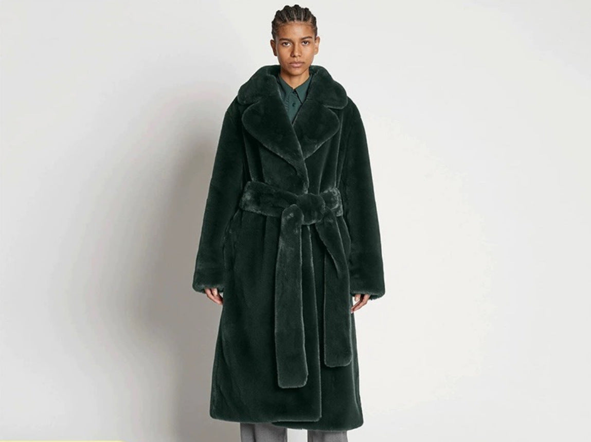 jackets  | Plus SIze Long Rabbit Fur Mink Overcoat Thickened Fleece Coat | Dark Green |  2XL| thecurvestory.myshopify.com