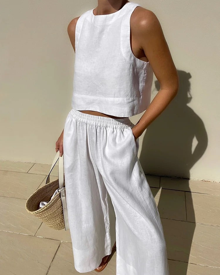 Jumpsuit  | Loose Solid Color Sleeveless Shirt And Trousers Two-piece Set | White |  3XL| thecurvestory.myshopify.com