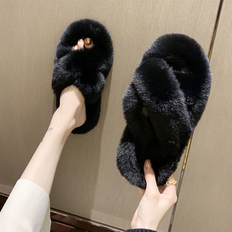 Slippers  | Women Fleece cross strap slippers | 2 Cross Belt Black |  36to37| thecurvestory.myshopify.com