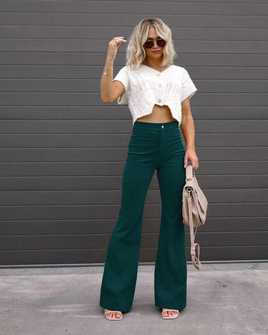 Pants  | Women Solid Color Corduroy Flared Pants | Green |  L| thecurvestory.myshopify.com
