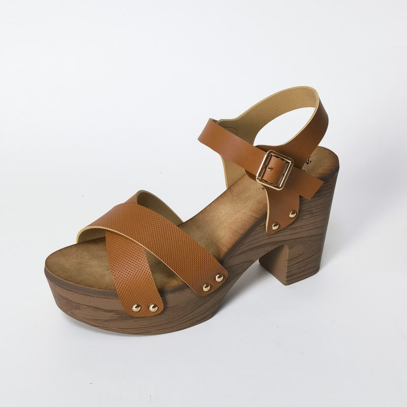 Heeled Sandals  | Women Buckle Cross strap high heeled platform sandals | Brown |  36| thecurvestory.myshopify.com