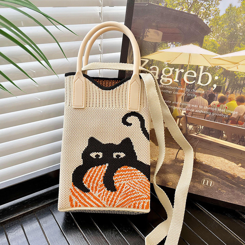 Shoulder bags  | Love Mini Knit Shoulder Crossbody Bag | Beige Cat |  [option2]| thecurvestory.myshopify.com