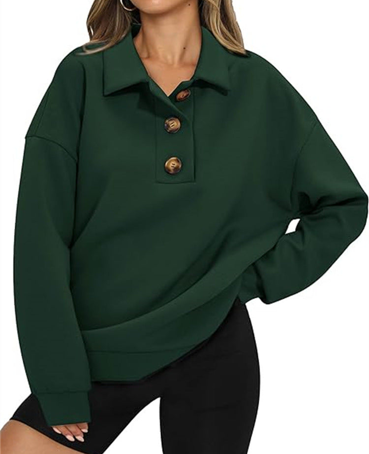 SweatShirt  | Solid Color Polo Collar Loose Long Sleeve Sweatershirt | |  | thecurvestory.myshopify.com