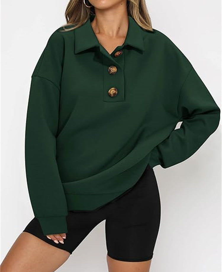 SweatShirt  | Solid Color Polo Collar Loose Long Sleeve Sweatershirt | Dark Green |  L| thecurvestory.myshopify.com