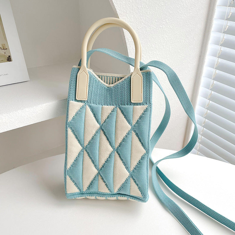 Shoulder bags  | Love Mini Knit Shoulder Crossbody Bag | Contrast Color Triangle & Blue |  [option2]| thecurvestory.myshopify.com