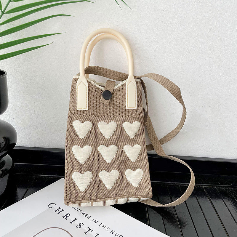 Shoulder bags  | Love Mini Knit Shoulder Crossbody Bag | Hidden Hook Khaki Love Heart |  [option2]| thecurvestory.myshopify.com