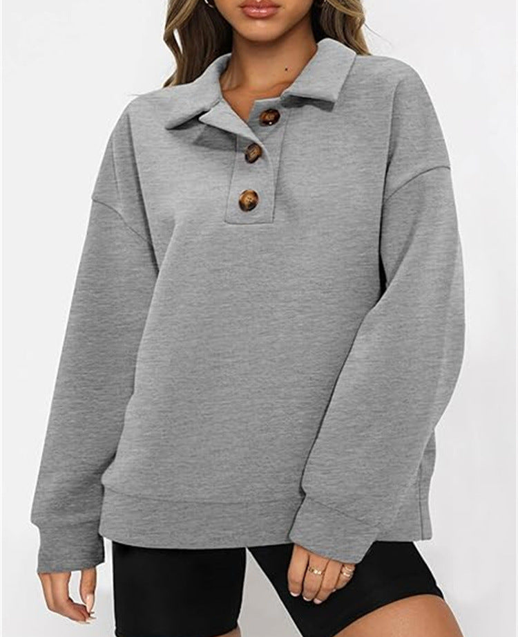 SweatShirt  | Solid Color Polo Collar Loose Long Sleeve Sweatershirt | Gray |  L| thecurvestory.myshopify.com