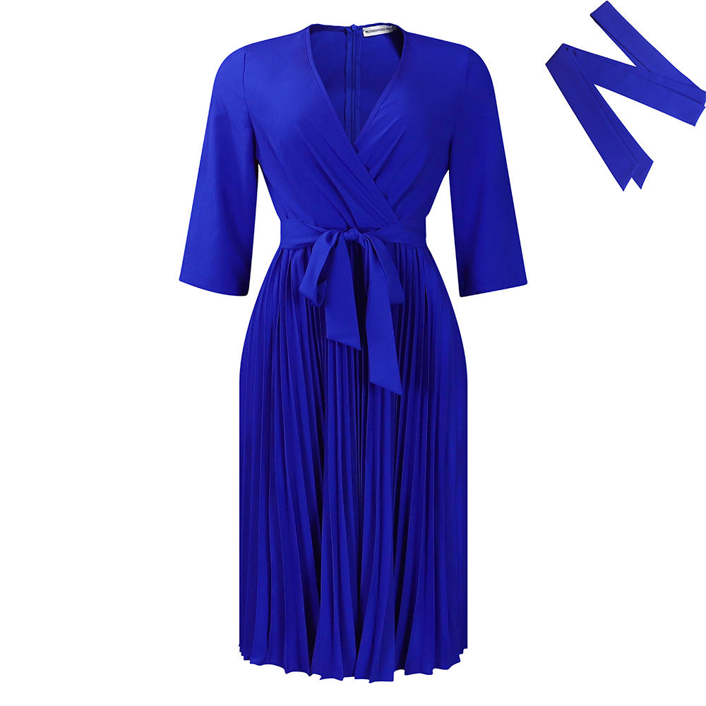 Dress  | Women Plus Size Temperament Leisure Elegant Solid Color Long Sleeve Dress | Blue |  L| thecurvestory.myshopify.com