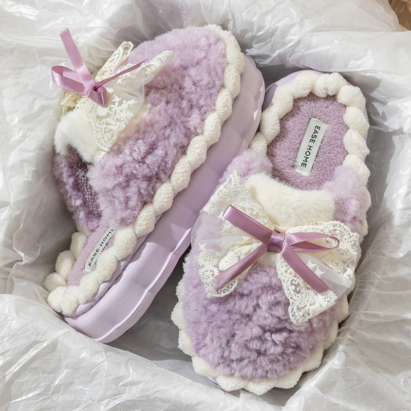 Slippers  | Women lacey bow warm slip-ons | Purple |  36to37| thecurvestory.myshopify.com