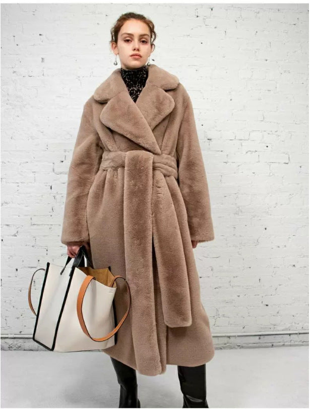 jackets  | Plus SIze Long Rabbit Fur Mink Overcoat Thickened Fleece Coat | Light Camel |  2XL| thecurvestory.myshopify.com