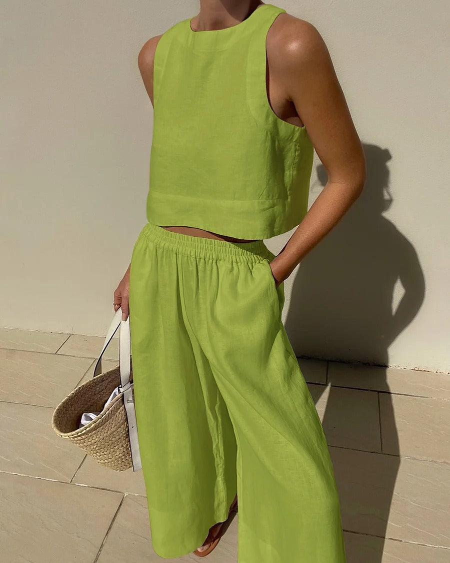 Jumpsuit  | Loose Solid Color Sleeveless Shirt And Trousers Two-piece Set | Yellow Green |  3XL| thecurvestory.myshopify.com