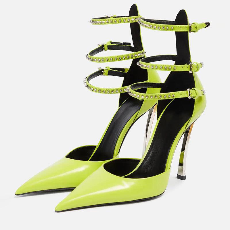 Women Pointed Patent Look Buckle  Wrapped heeled sandals