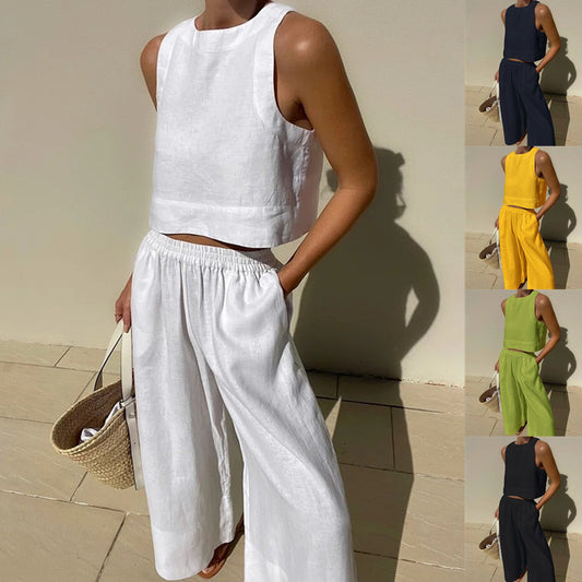 Loose Solid Color Sleeveless Shirt And Trousers Two-piece Set