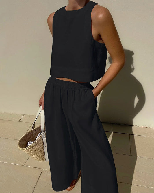 Loose Solid Color Sleeveless Shirt And Trousers Two-piece Set