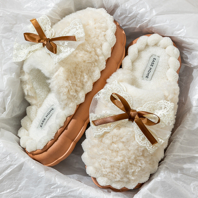 Slippers  | Women lacey bow warm slip-ons | White |  36to37| thecurvestory.myshopify.com