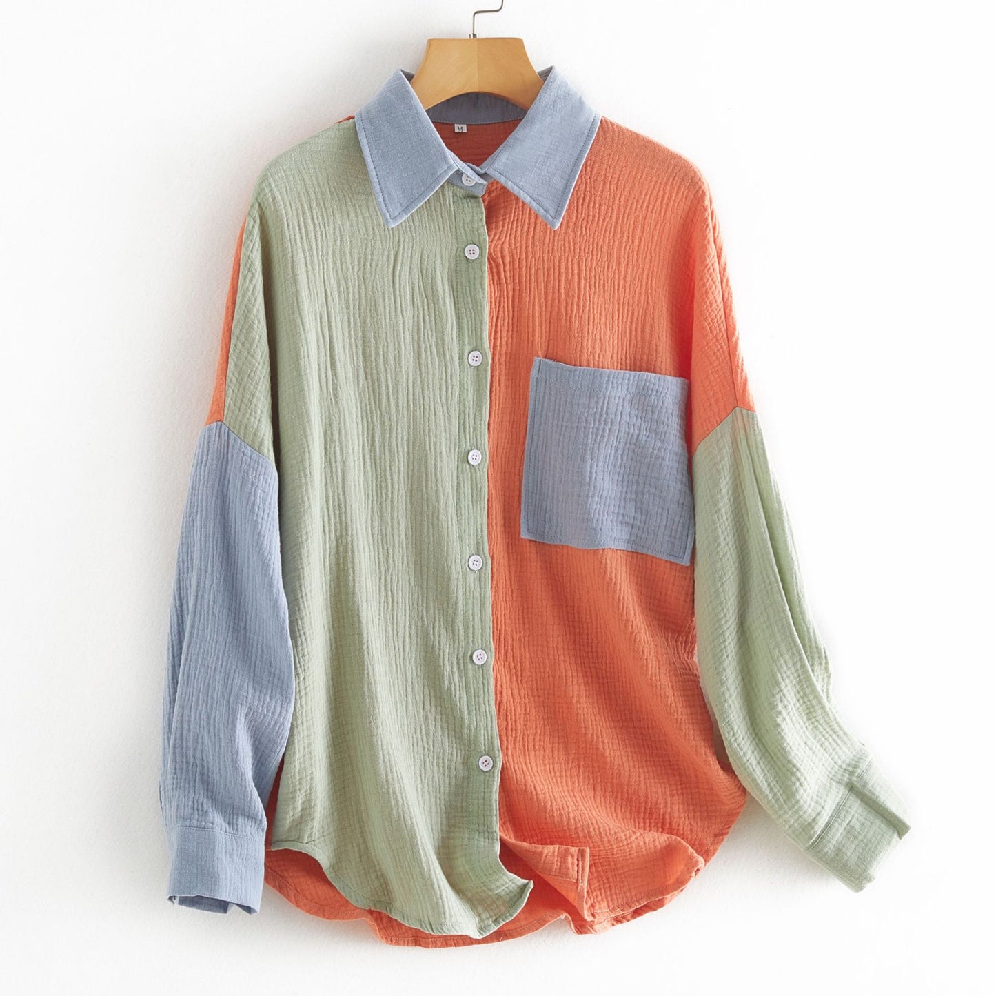Shirt  | Women's Color Contrast Patchwork Drop-shoulder Long-sleeve Shirt | Orange And Green |  L| thecurvestory.myshopify.com