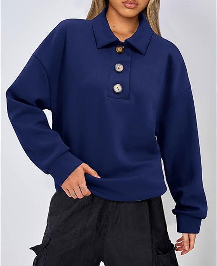 SweatShirt  | Solid Color Polo Collar Loose Long Sleeve Sweatershirt | Royal Blue |  L| thecurvestory.myshopify.com