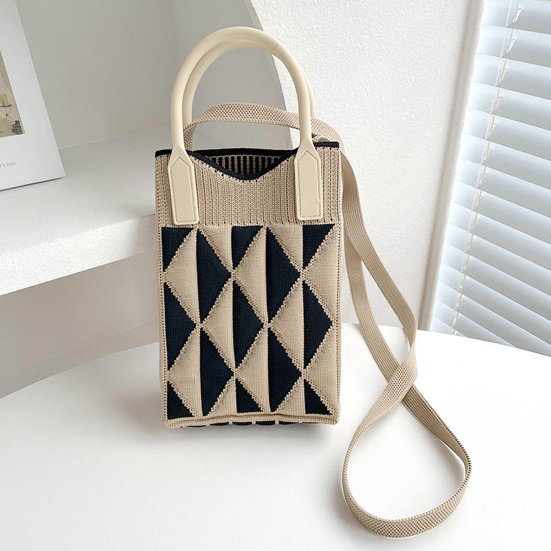 Shoulder bags  | Love Mini Knit Shoulder Crossbody Bag | Contrast Color Triangle Khaki |  [option2]| thecurvestory.myshopify.com
