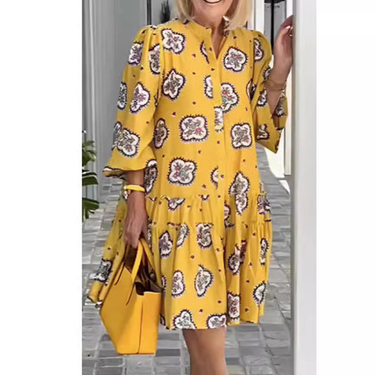 Women's Casual All-matching Printed Puff Sleeve Dress
