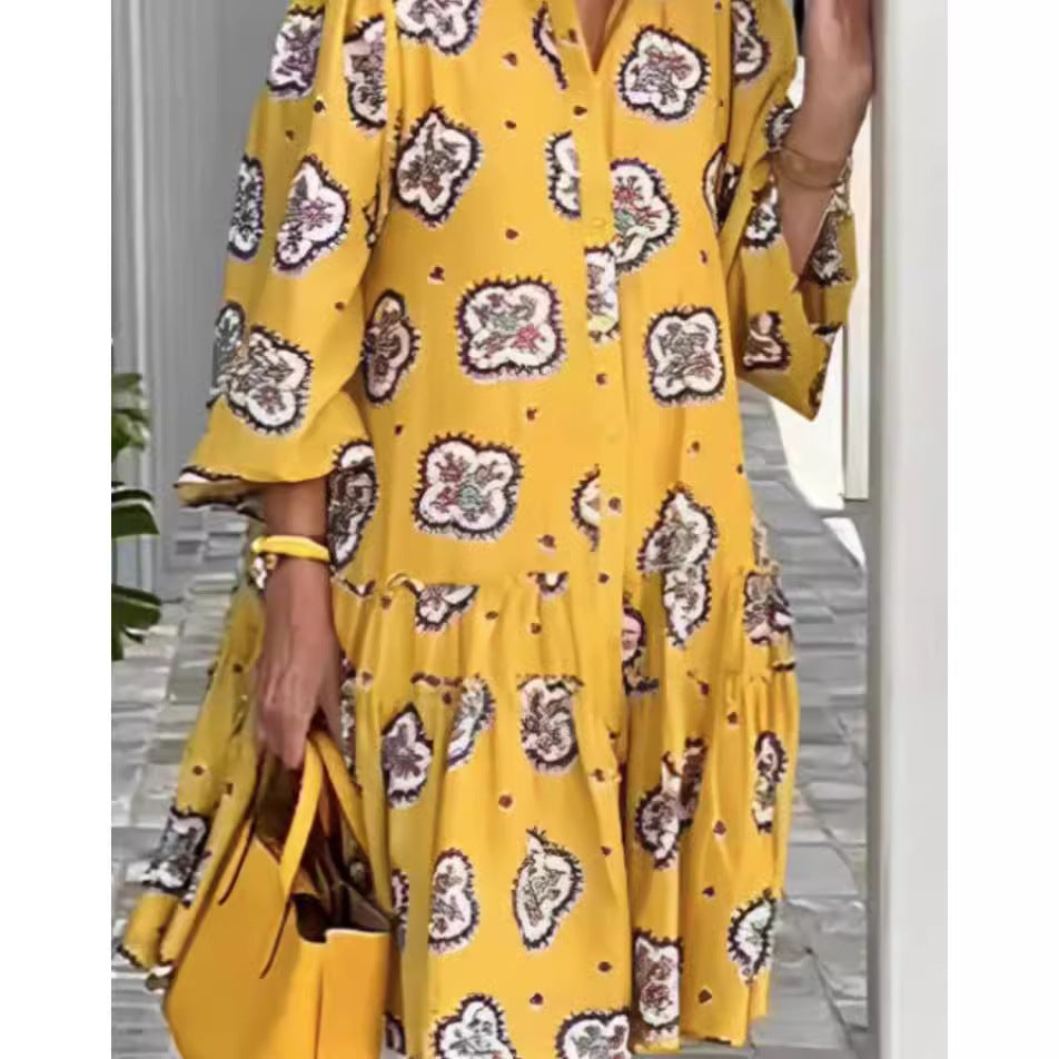 Dress  | Women's Casual All-matching Printed Puff Sleeve Dress | Yellow |  L| thecurvestory.myshopify.com