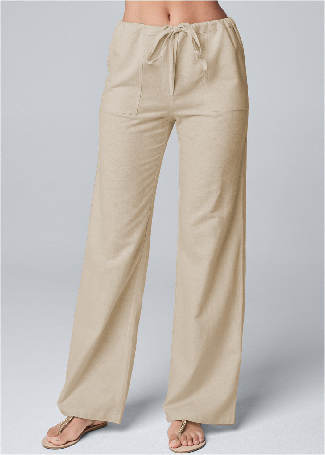 Pants  | Women's Fashion Solid Color Loose Lace-up Cotton And Linen Straight-leg Pants | Khaki |  2XL| thecurvestory.myshopify.com