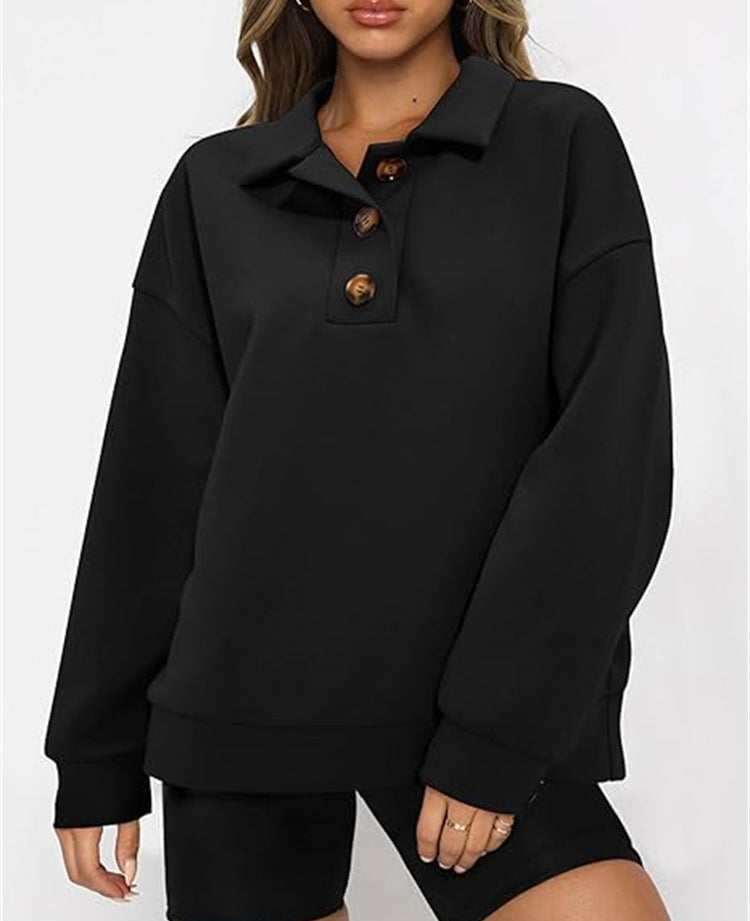 SweatShirt  | Solid Color Polo Collar Loose Long Sleeve Sweatershirt | Black |  L| thecurvestory.myshopify.com