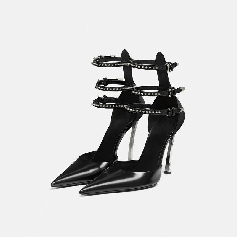 Heeled Sandals  | Women Pointed Patent Look Buckle  Wrapped heeled sandals | Black |  36| thecurvestory.myshopify.com