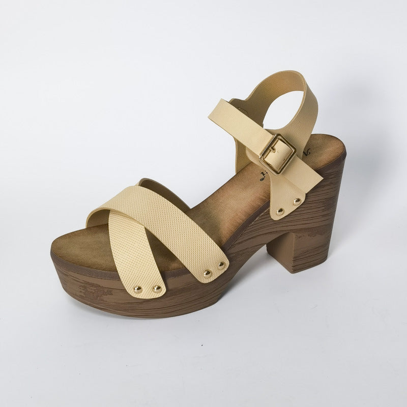 Heeled Sandals  | Women Buckle Cross strap high heeled platform sandals | Apricot |  36| thecurvestory.myshopify.com