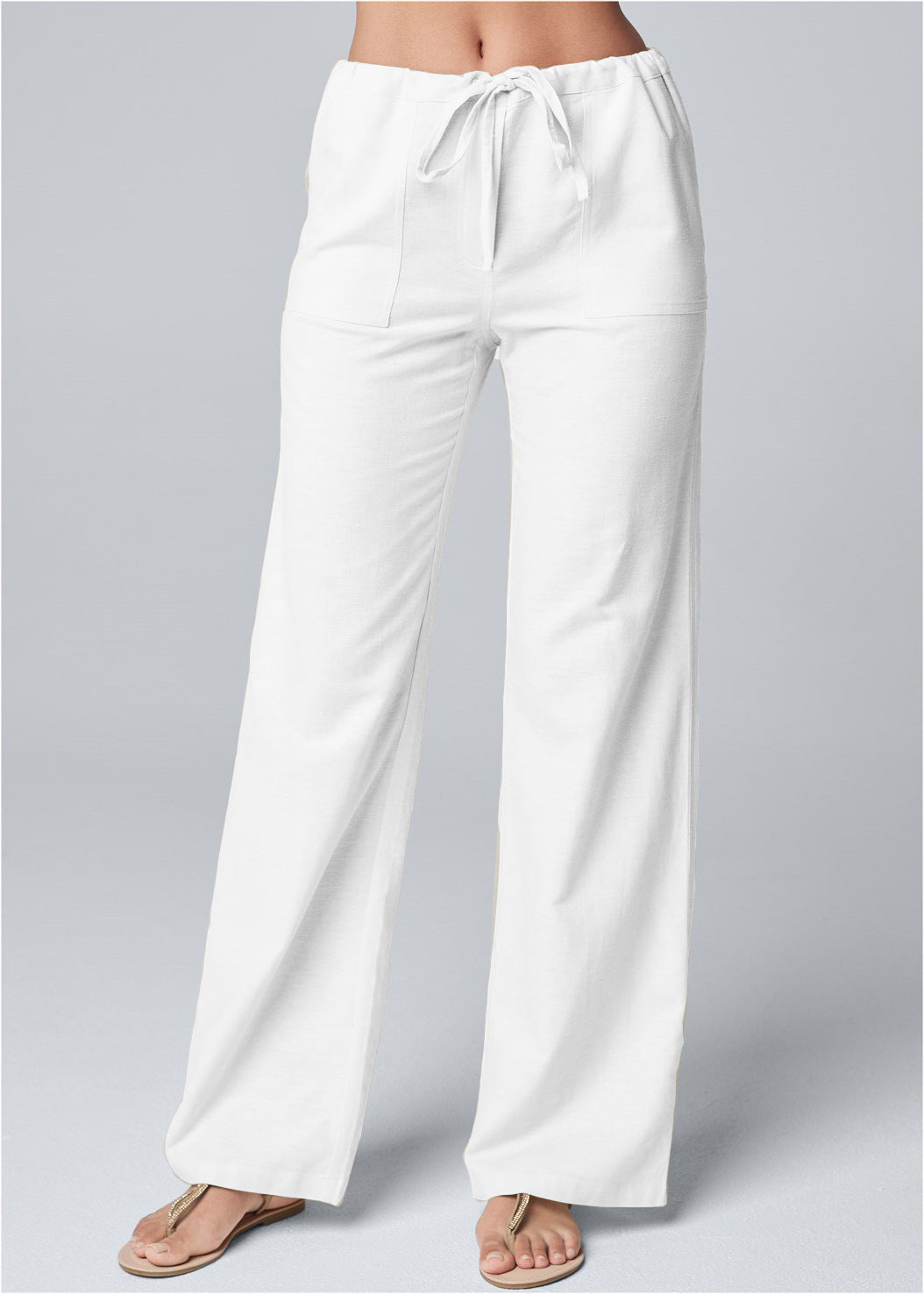 Pants  | Women's Fashion Solid Color Loose Lace-up Cotton And Linen Straight-leg Pants | White |  2XL| thecurvestory.myshopify.com