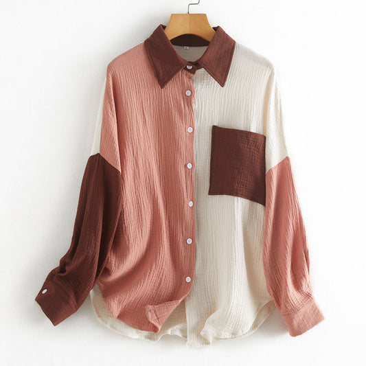Shirt  | Women's Color Contrast Patchwork Drop-shoulder Long-sleeve Shirt | [option1] |  [option2]| thecurvestory.myshopify.com