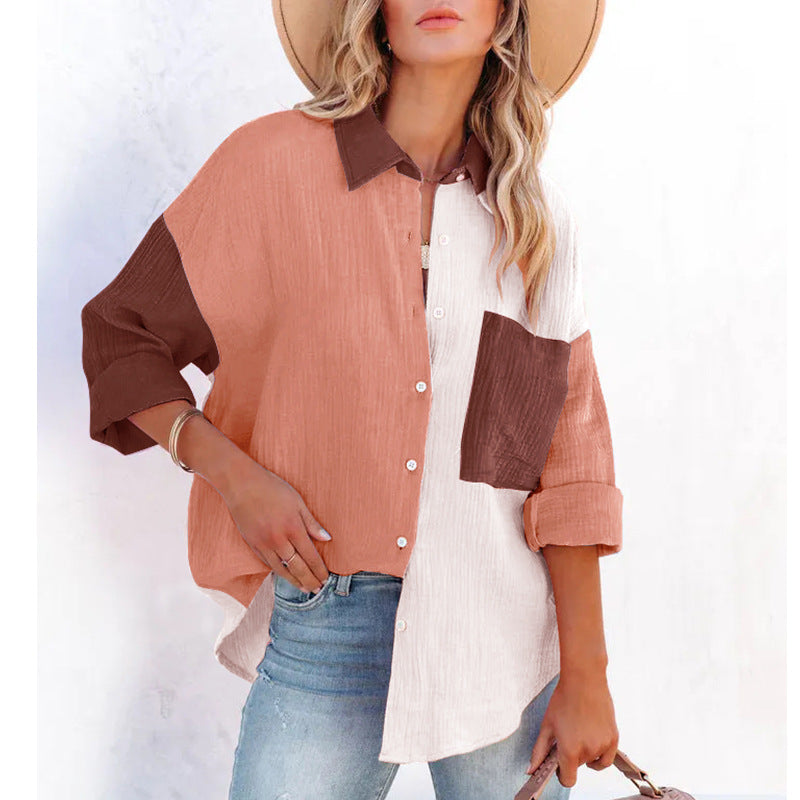 Shirt  | Women's Color Contrast Patchwork Drop-shoulder Long-sleeve Shirt | Apricot And Bean Paste |  L| thecurvestory.myshopify.com
