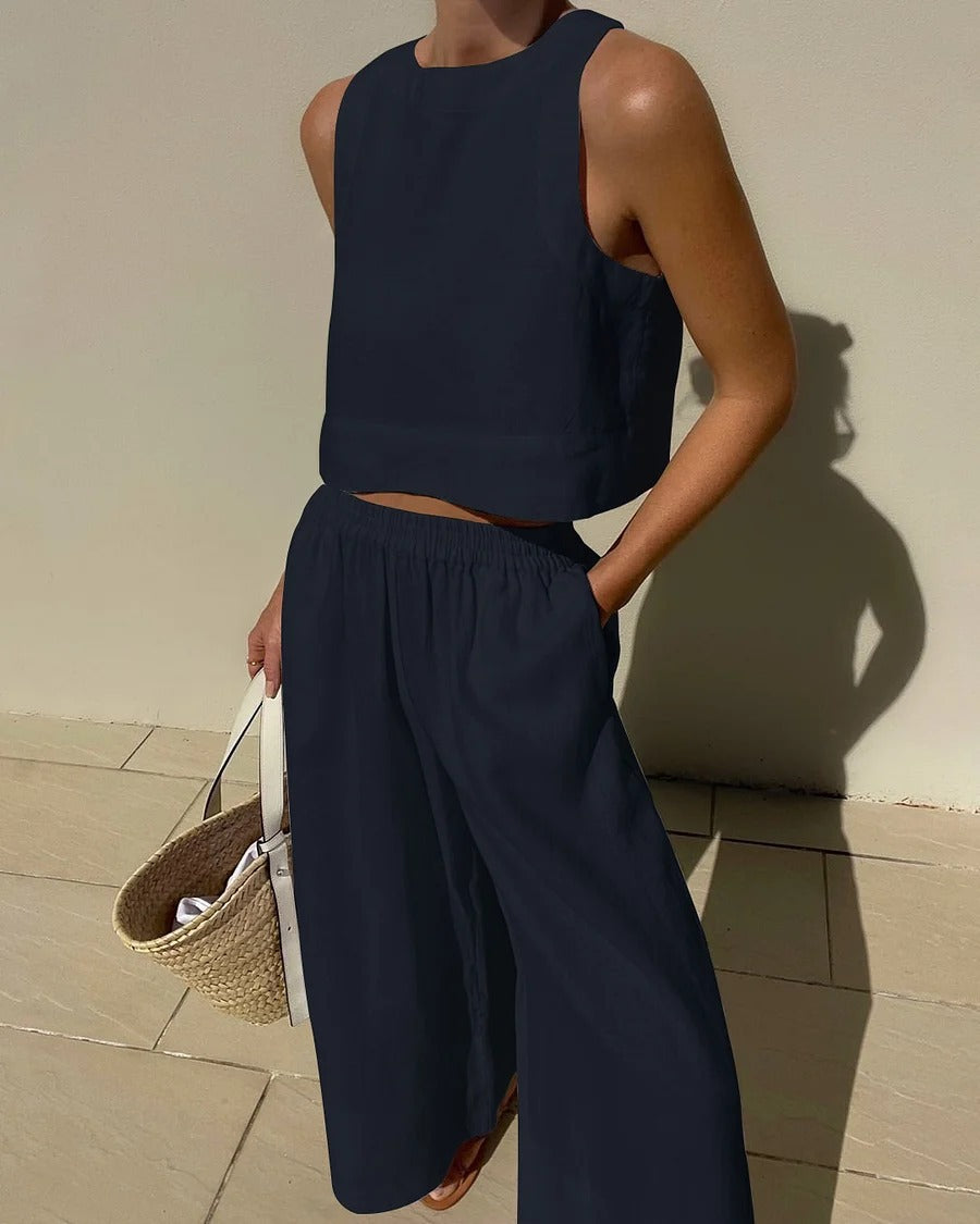 Jumpsuit  | Loose Solid Color Sleeveless Shirt And Trousers Two-piece Set | Dark Blue |  3XL| thecurvestory.myshopify.com