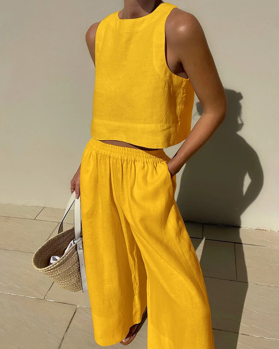 Jumpsuit  | Loose Solid Color Sleeveless Shirt And Trousers Two-piece Set | Yellow |  3XL| thecurvestory.myshopify.com