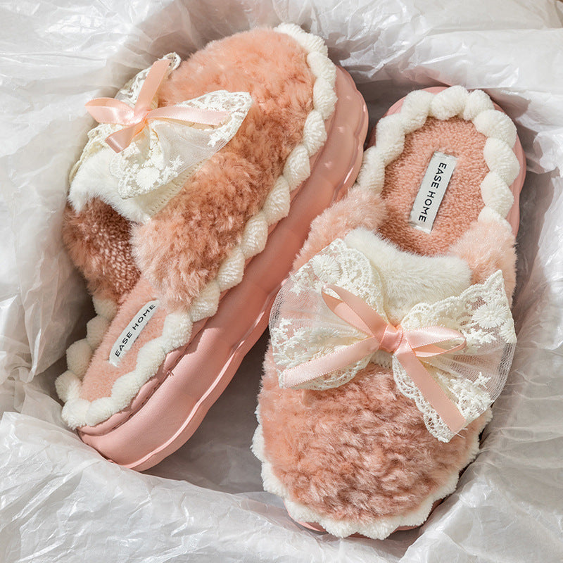 Slippers  | Women lacey bow warm slip-ons | Pink |  36to37| thecurvestory.myshopify.com