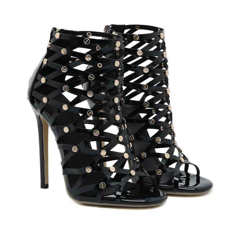 Heeled Sandals  | Women Fashion Hollowed-out Sandal Boots High Heels | Black |  35| thecurvestory.myshopify.com