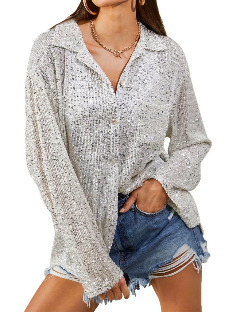 Shirt  | Chic Sequined Long Sleeve Lapel Shirt for Effortless Leisure and Timeless Temperament | Silver |  L| thecurvestory.myshopify.com