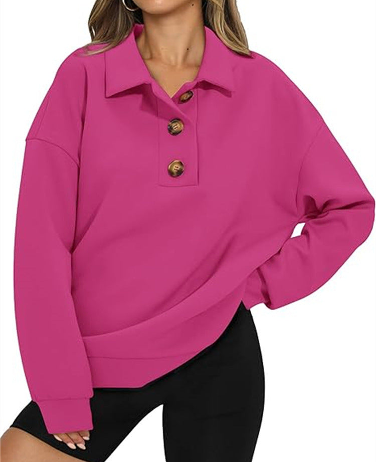 SweatShirt  | Solid Color Polo Collar Loose Long Sleeve Sweatershirt | Rose Red |  L| thecurvestory.myshopify.com