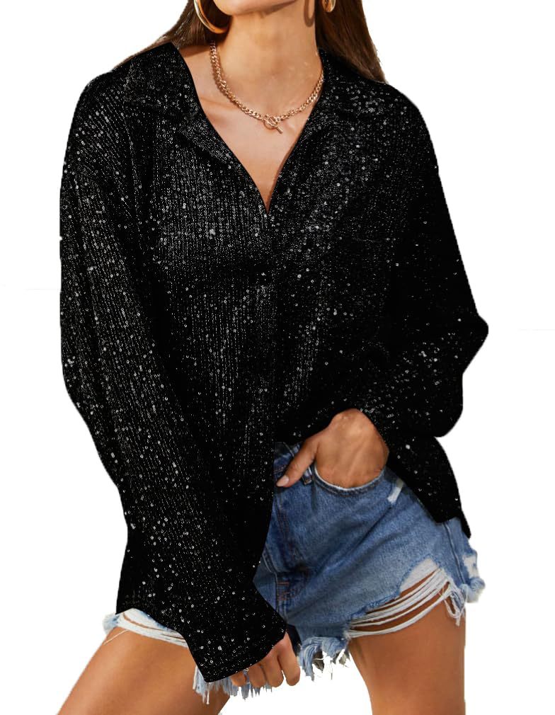 Shirt  | Chic Sequined Long Sleeve Lapel Shirt for Effortless Leisure and Timeless Temperament | Black |  L| thecurvestory.myshopify.com